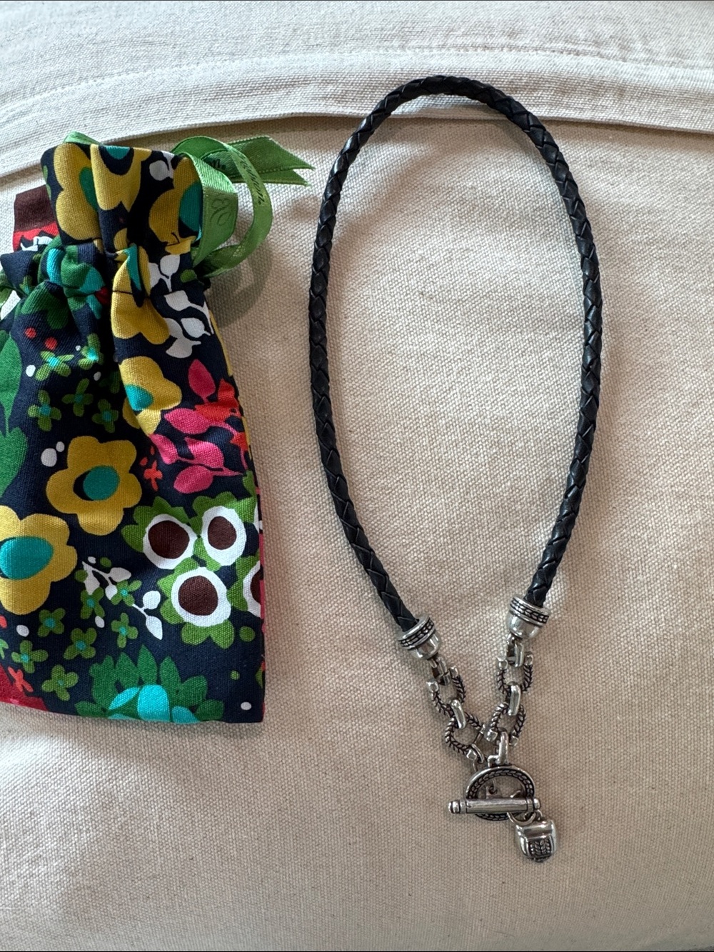 Brighton Black Braided Leather Necklace with Silver-Tone Toggle and Pendant